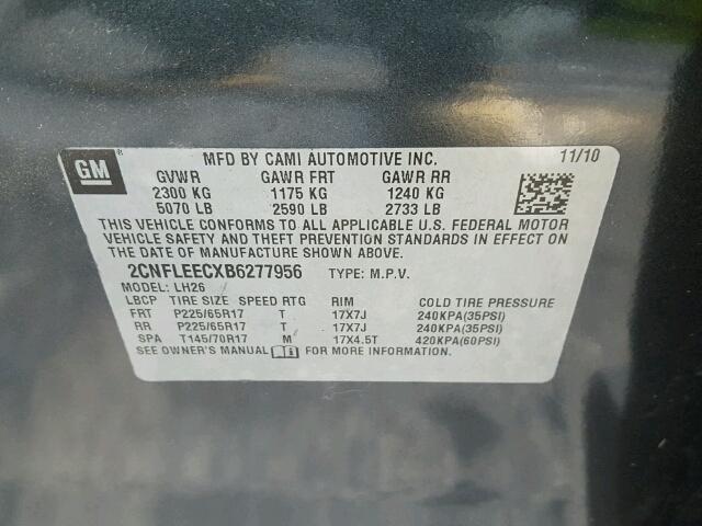 2CNFLEECXB6277956 - 2011 CHEVROLET EQUINOX LT GRAY photo 10