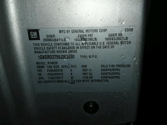 1GKER23758J263000 - 2008 GMC ACADIA SLT ვერცხლისფერი ფოტო 10