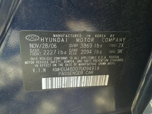 KMHDU46D07U094919 - 2007 HYUNDAI ELANTRA GL BLUE photo 10