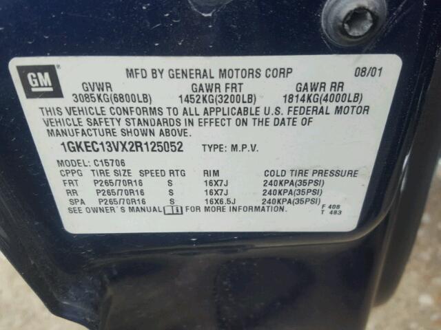 1GKEC13VX2R125052 - 2002 GMC YUKON BLUE photo 10