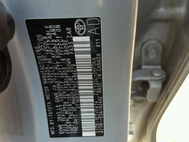 2T1KR32E35C486678 - 2005 TOYOTA COROLLA MA SILVER photo 10