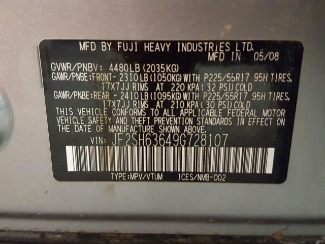 JF2SH63649G728107 - 2009 SUBARU FORESTER 2 SILVER photo 10