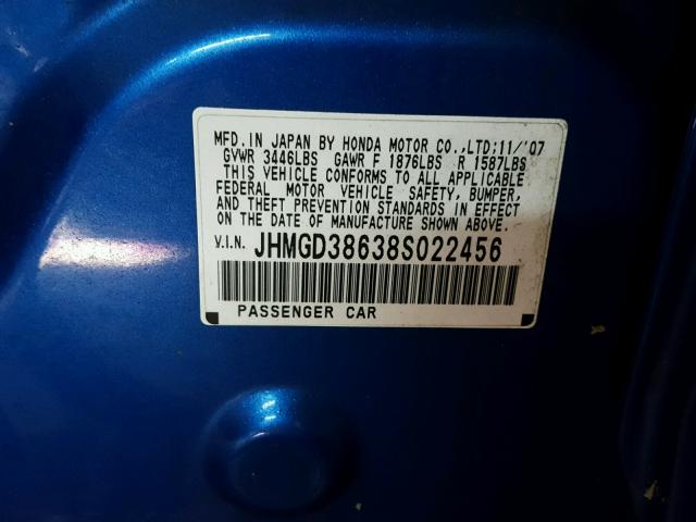 JHMGD38638S022456 - 2008 HONDA FIT SPORT BLUE photo 10