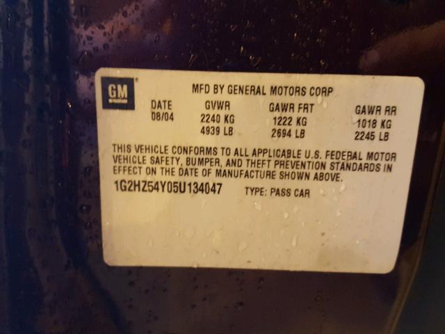 1G2HZ54Y05U134047 - 2005 PONTIAC BONNEVILLE BURGUNDY photo 10