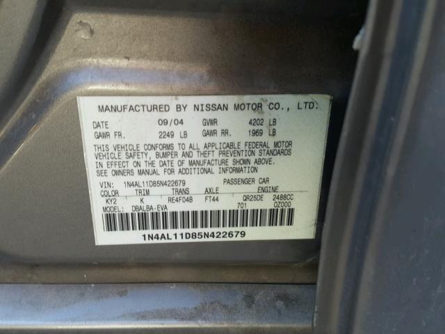 1N4AL11D85N422679 - 2005 NISSAN ALTIMA S CHARCOAL photo 10