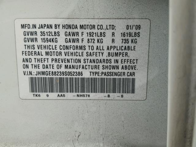 JHMGE88239S052386 - 2009 HONDA FIT WHITE photo 10