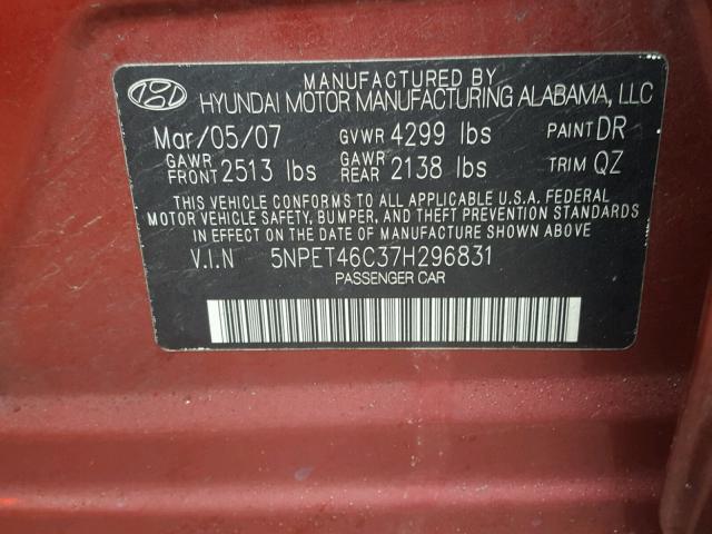 5NPET46C37H296831 - 2007 HYUNDAI SONATA GLS MAROON photo 10