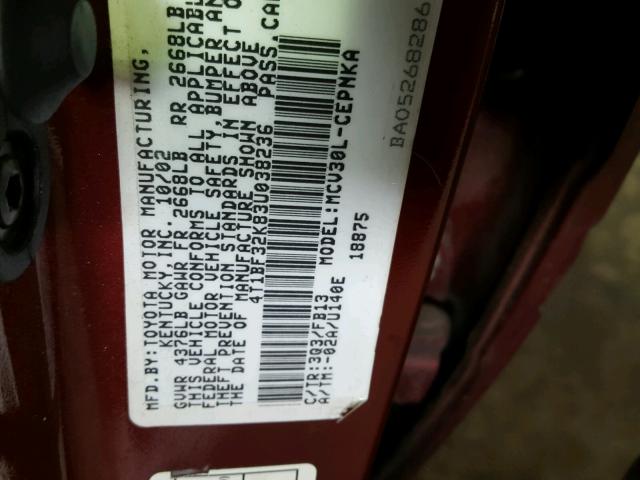 4T1BF32K83U038236 - 2003 TOYOTA CAMRY LE ბურგუნდია ფოტო 10