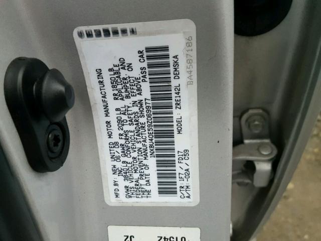 1NXBU40E59Z069977 - 2009 TOYOTA COROLLA BA SILVER photo 10