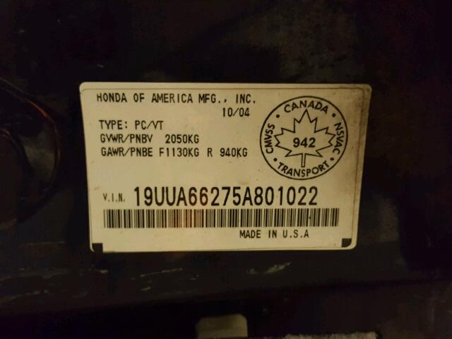 19UUA66275A801022 - 2005 ACURA TL BLUE photo 10