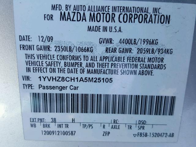 1YVHZ8CH1A5M25105 - 2010 MAZDA 6 I SILVER photo 10