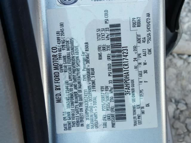 3FAHP0HA1CR174231 - 2012 FORD FUSION SE GRAY photo 10