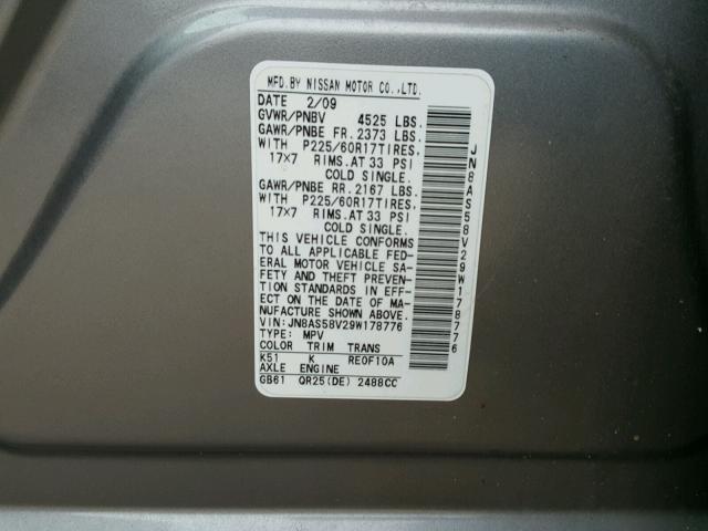 JN8AS58V29W178776 - 2009 NISSAN ROGUE S GRAY photo 10