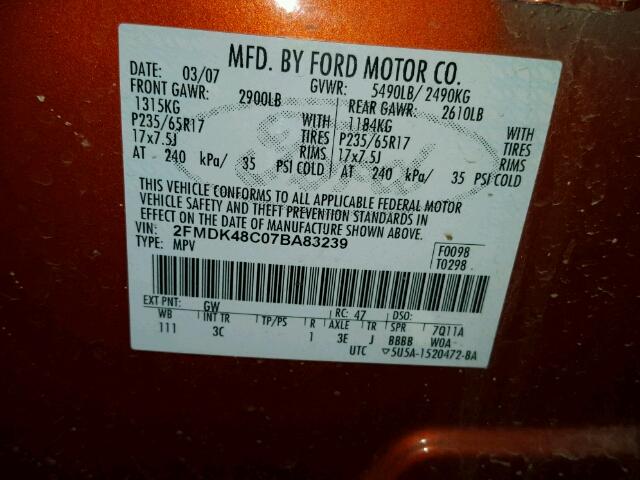 2FMDK48C07BA83239 - 2007 FORD EDGE SEL ORANGE photo 10