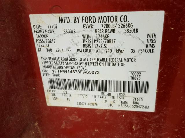 1FTPW14578FA65073 - 2008 FORD F150 SUPER RED photo 10