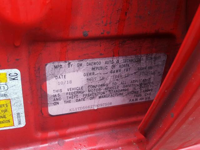 KL1TD56627B097508 - 2007 CHEVROLET AVEO BASE RED photo 10