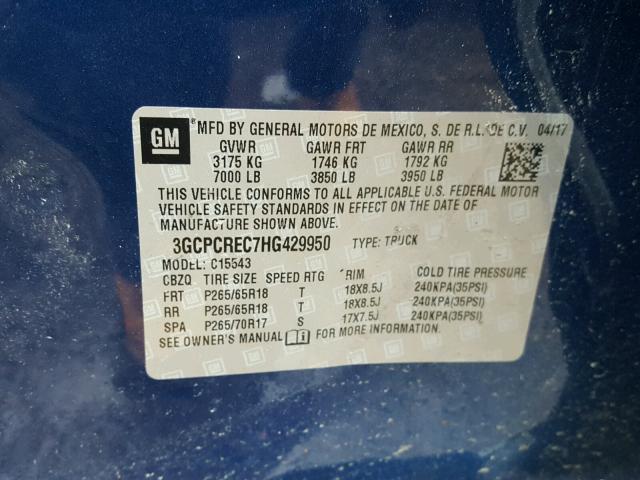 3GCPCREC7HG429950 - 2017 CHEVROLET SILVERADO BLUE photo 10