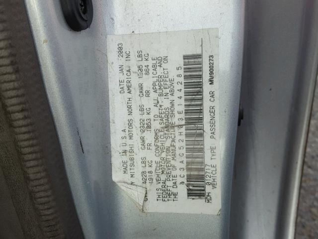 4C3AG52H03E144285 - 2003 CHRYSLER SEBRING LX SILVER photo 10