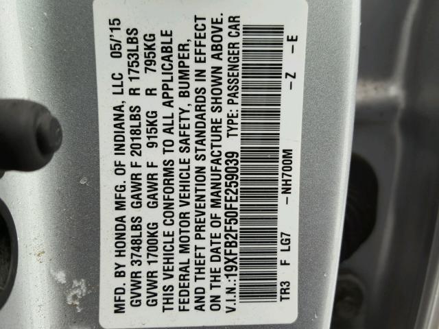 19XFB2F50FE259039 - 2015 HONDA CIVIC LX SILVER photo 10