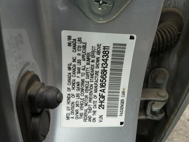 2HGFA16568H343811 - 2008 HONDA CIVIC LX SILVER photo 10