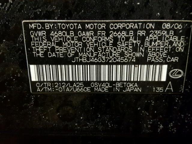 JTHBJ46G372045674 - 2007 LEXUS ES 350 BLACK photo 10