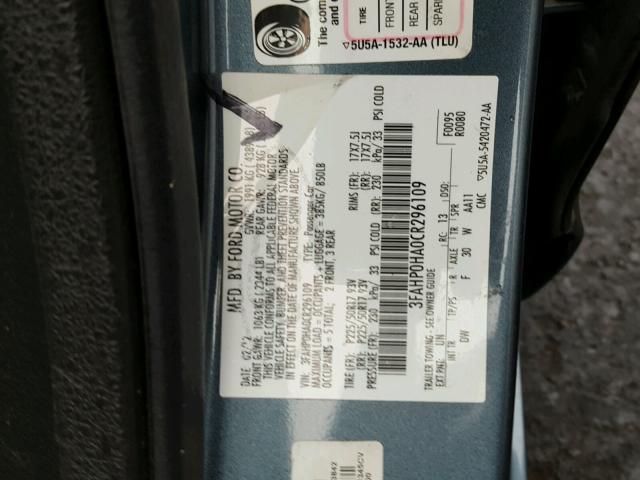 3FAHP0HA0CR296109 - 2012 FORD FUSION SE BLUE photo 10