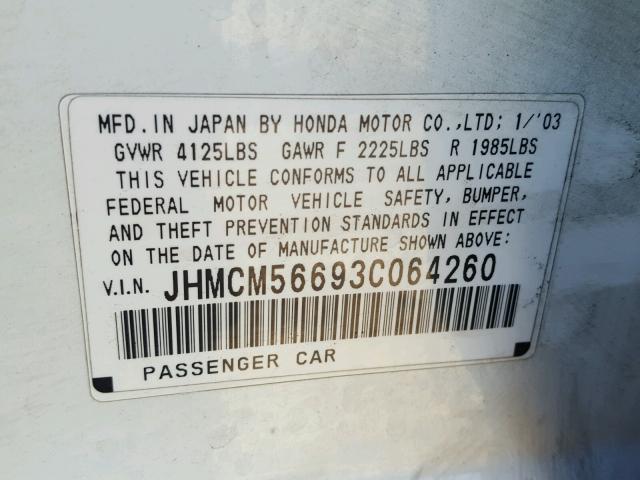 JHMCM56693C064260 - 2003 HONDA ACCORD EX WHITE photo 10