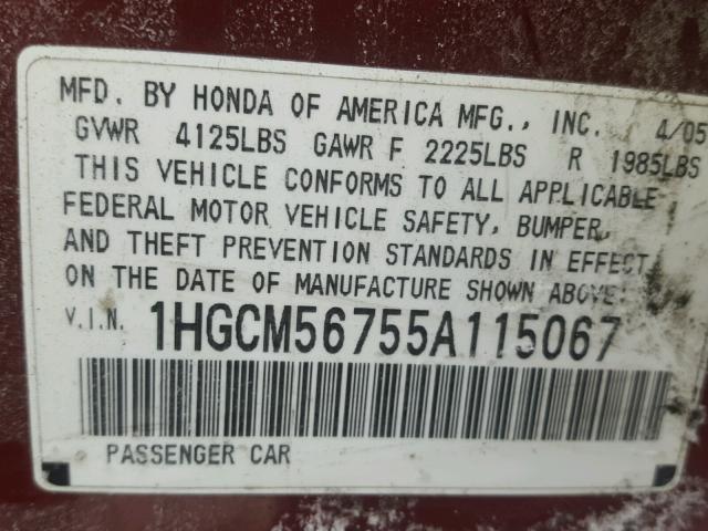 1HGCM56755A115067 - 2005 HONDA ACCORD EX RED photo 10