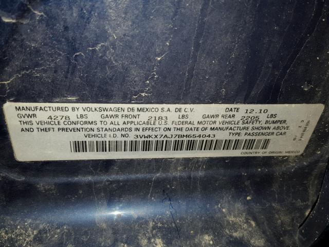 3VWKX7AJ7BM654043 - 2011 VOLKSWAGEN JETTA S 蓝色 照片 10