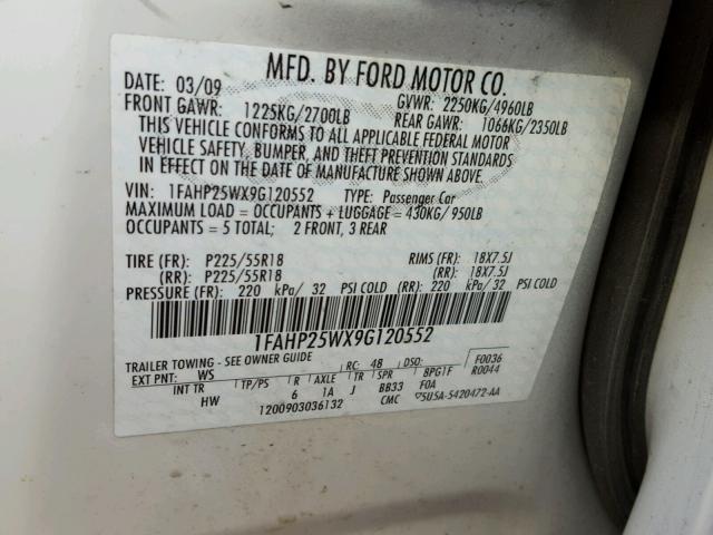 1FAHP25WX9G120552 - 2009 FORD TAURUS LIM WHITE photo 10