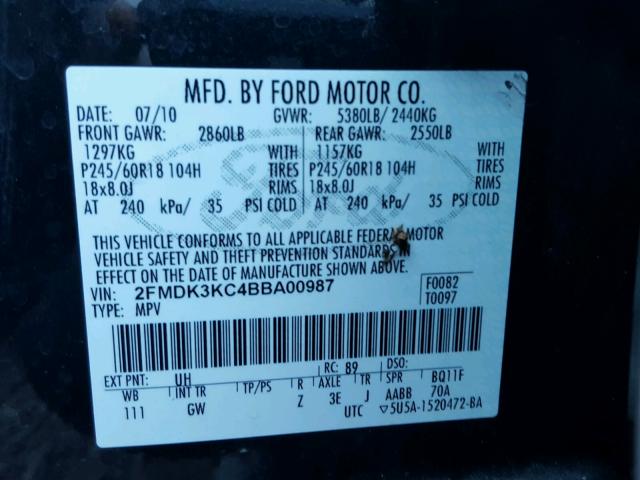 2FMDK3KC4BBA00987 - 2011 FORD EDGE LIMIT BLACK photo 10