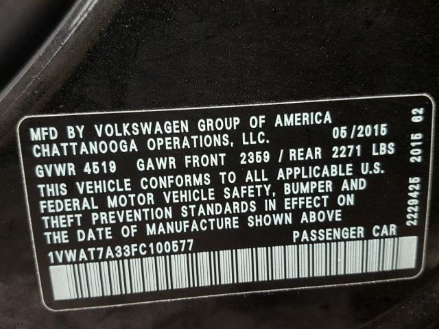1VWAT7A33FC100577 - 2015 VOLKSWAGEN PASSAT S შავი ფოტო 10