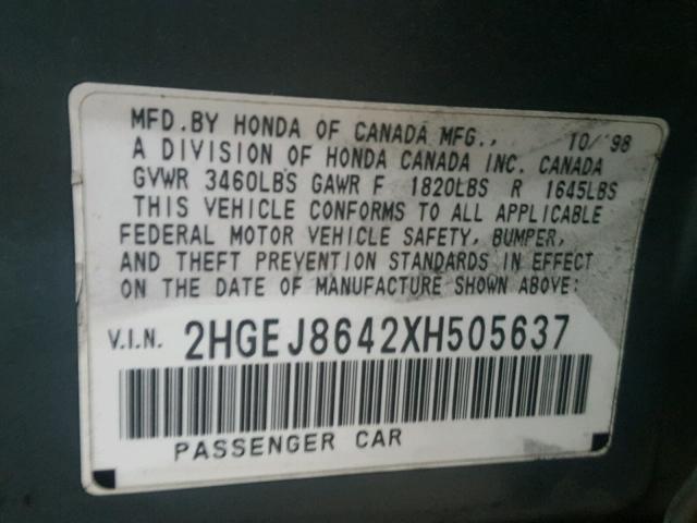 2HGEJ8642XH505637 - 1999 HONDA CIVIC EX ლურჯი ფოტო 10