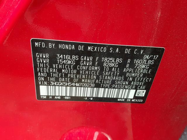 3HGGK5H54HM709238 - 2017 HONDA FIT LX RED photo 10