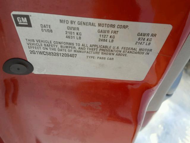 2G1WC583281209407 - 2008 CHEVROLET IMPALA LT RED photo 10