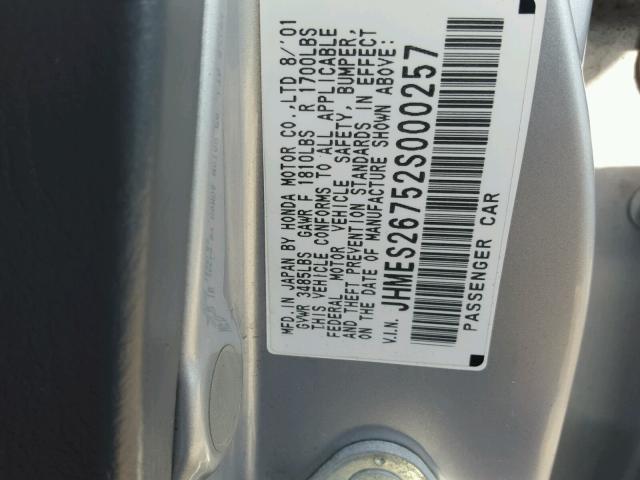 JHMES26752S000257 - 2002 HONDA CIVIC EX SILVER photo 10