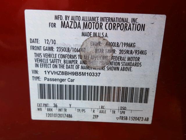 1YVHZ8BH9B5M10337 - 2011 MAZDA 6 I RED photo 10