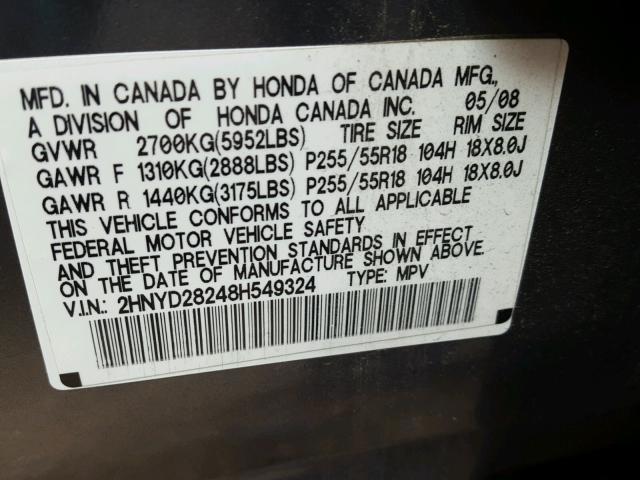 2HNYD28248H549324 - 2008 ACURA MDX GRAY photo 10