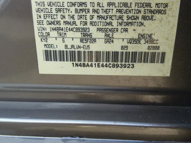 1N4BA41E44C893923 - 2004 NISSAN MAXIMA SE GRAY photo 10