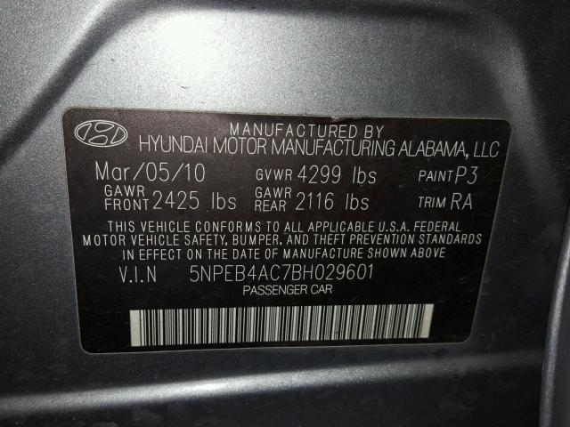 5NPEB4AC7BH029601 - 2011 HYUNDAI SONATA GLS GRAY photo 10