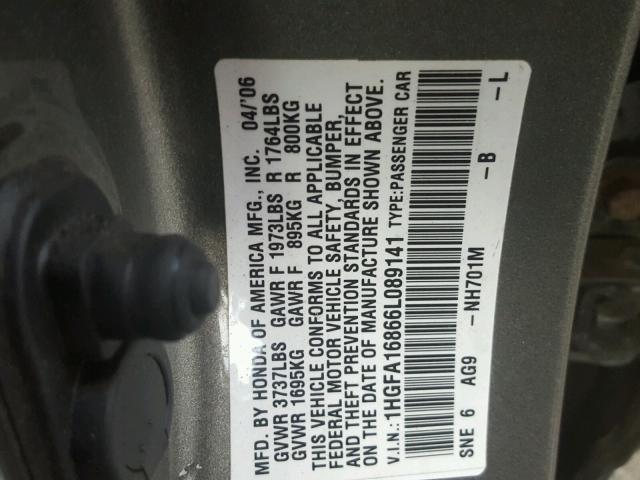 1HGFA16866L089141 - 2006 HONDA CIVIC EX ნაცრისფერი ფოტო 10