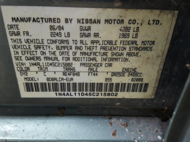 1N4AL11D45C215802 - 2005 NISSAN ALTIMA S GREEN photo 10