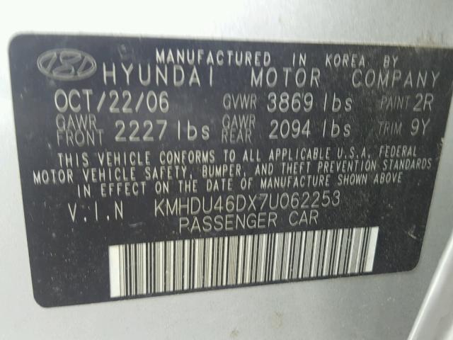 KMHDU46DX7U062253 - 2007 HYUNDAI ELANTRA GL SILVER photo 10