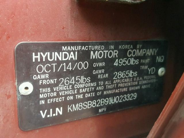 KM8SB82B91U023329 - 2001 HYUNDAI SANTA FE RED photo 10