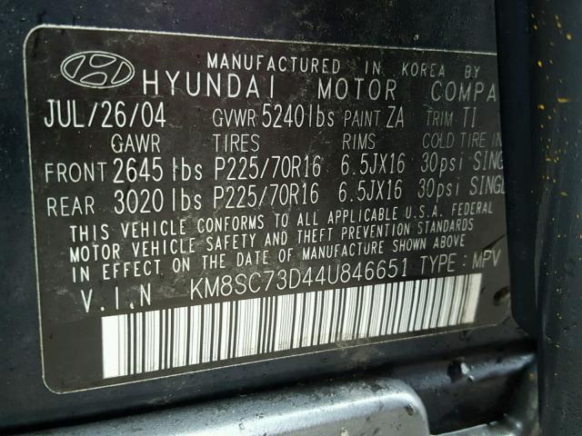 KM8SC73D44U846651 - 2004 HYUNDAI SANTA FE G BLUE photo 10