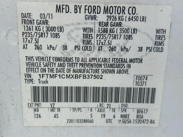 1FTMF1CMXBFB37502 - 2011 FORD F150 WHITE photo 10