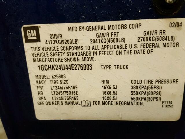 1GCHK24U44E276003 - 2004 CHEVROLET SILVERADO BLUE photo 10