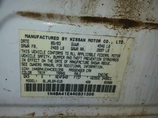 1N4BA41E44C831356 - 2004 NISSAN MAXIMA SE WHITE photo 10