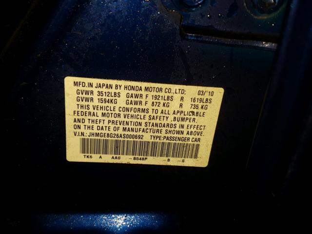 JHMGE8G26AS000692 - 2010 HONDA FIT BLUE photo 10