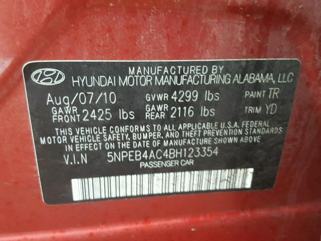 5NPEB4AC4BH123354 - 2011 HYUNDAI SONATA GLS RED photo 10